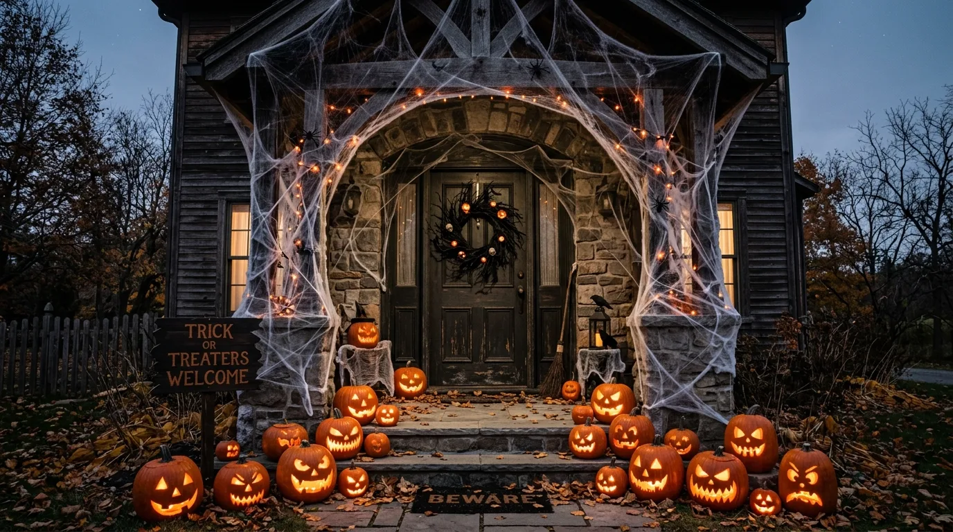 Spooky Halloween door decorations styling a hauntingly welcoming entrance.